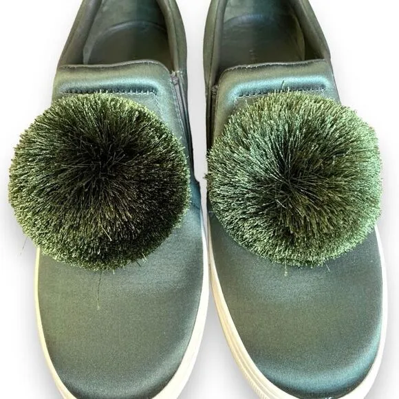 Tory Burch Daphne Pom Pom Sneaker Satin Lux Olive Green Slip On Shoe Size 8