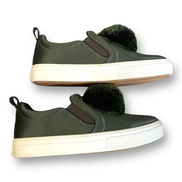 Tory Burch Daphne Pom Pom Sneaker Satin Lux Olive Green Slip On Shoe Size 8