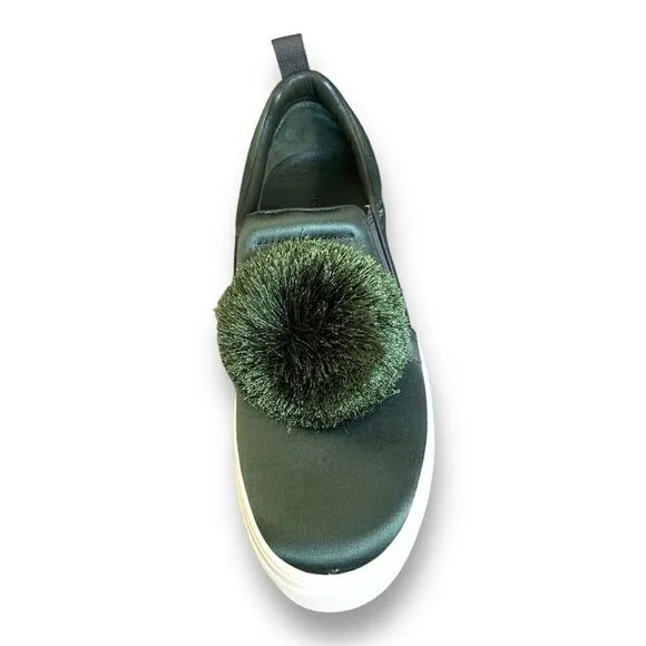 Tory Burch Daphne Pom Pom Sneaker Satin Lux Olive Green Slip On Shoe Size 8
