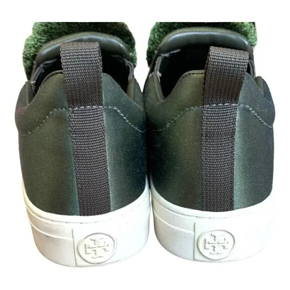 Tory Burch Daphne Pom Pom Sneaker Satin Lux Olive Green Slip On Shoe Size 8