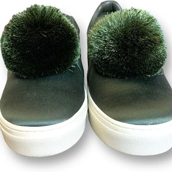 Tory Burch Daphne Pom Pom Sneaker Satin Lux Olive Green Slip On Shoe Size 8