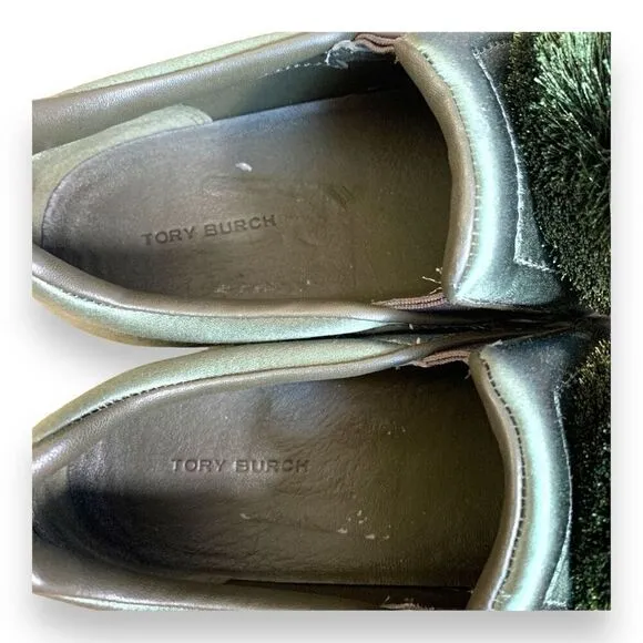 Tory Burch Daphne Pom Pom Sneaker Satin Lux Olive Green Slip On Shoe Size 8