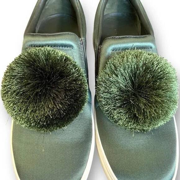 Tory Burch Daphne Pom Pom Sneaker Satin Lux Olive Green Slip On Shoe Size 8