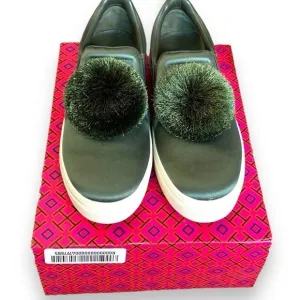Tory Burch Daphne Pom Pom Sneaker Satin Lux Olive Green Slip On Shoe Size 8