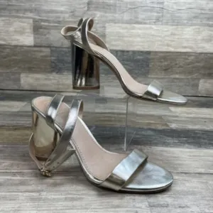 TORY BURCH Elizabeth Ankle Strap High Heel SANDALS Silver Patent Leather Sz 5.5