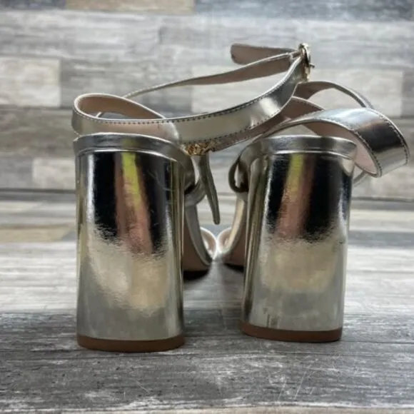 TORY BURCH Elizabeth Ankle Strap High Heel SANDALS Silver Patent Leather Sz 5.5
