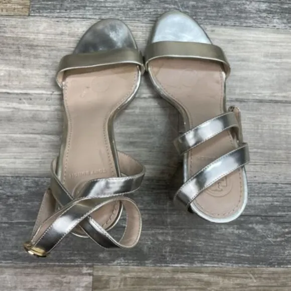 TORY BURCH Elizabeth Ankle Strap High Heel SANDALS Silver Patent Leather Sz 5.5