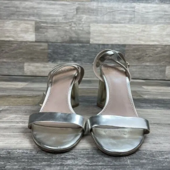 TORY BURCH Elizabeth Ankle Strap High Heel SANDALS Silver Patent Leather Sz 5.5