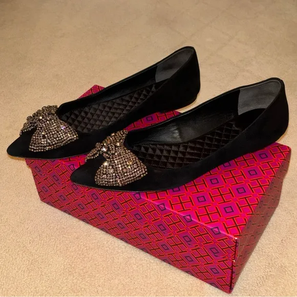 Tory Burch “Esme” Black Crystal Bejeweled Bow Flat Size 10 M