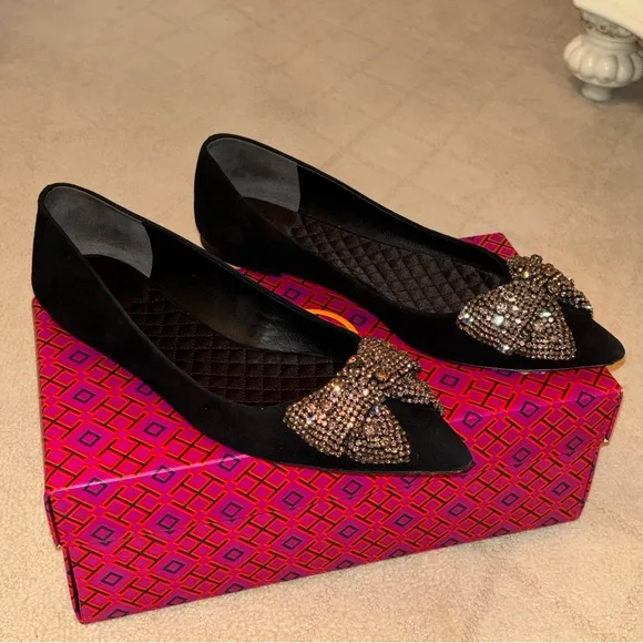 Tory Burch “Esme” Black Crystal Bejeweled Bow Flat Size 10 M