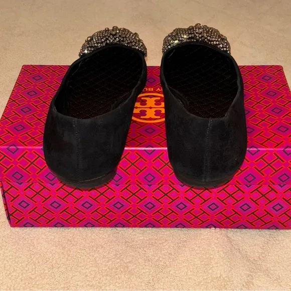 Tory Burch “Esme” Black Crystal Bejeweled Bow Flat Size 10 M