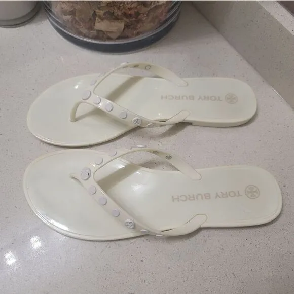Tory Burch Jelly Sandals 10 Pale Yellow Studded Slip-On Flip Flop Flats