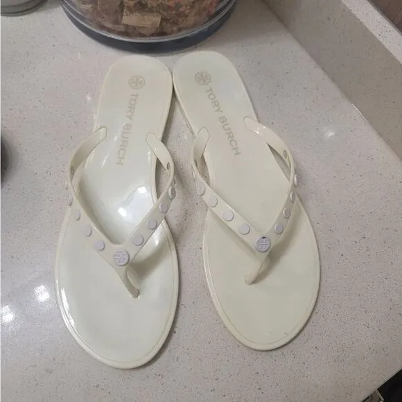 Tory Burch Jelly Sandals 10 Pale Yellow Studded Slip-On Flip Flop Flats