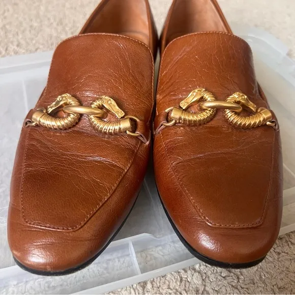 Tory Burch Jessa Brown Leather Loafers with Gold Equestrian Horse Accent Size 9M