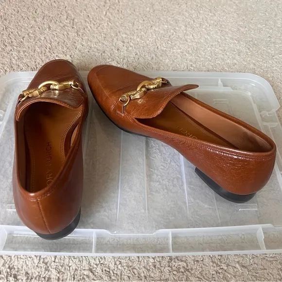 Tory Burch Jessa Brown Leather Loafers with Gold Equestrian Horse Accent Size 9M
