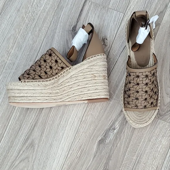 Tory Burch Leather Basketweave Espedrille Wedge Sandals, Almond, 7, NWT