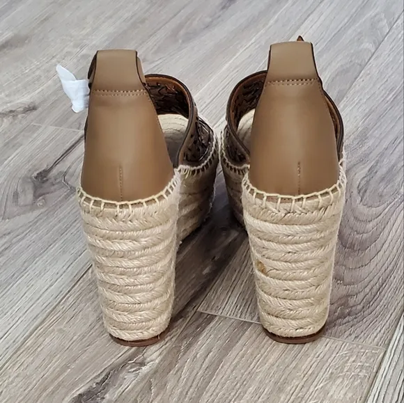 Tory Burch Leather Basketweave Espedrille Wedge Sandals, Almond, 7, NWT