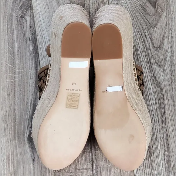 Tory Burch Leather Basketweave Espedrille Wedge Sandals, Almond, 7, NWT