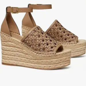 Tory Burch Leather Basketweave Espedrille Wedge Sandals, Almond, 7, NWT