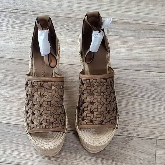 Tory Burch Leather Basketweave Espedrille Wedge Sandals, Almond, 7, NWT