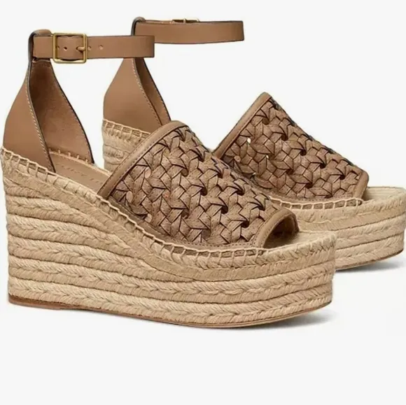 Tory Burch Leather Basketweave Espedrille Wedge Sandals, Almond, 7, NWT