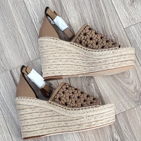 Tory Burch Leather Basketweave Espedrille Wedge Sandals, Almond, 7, NWT