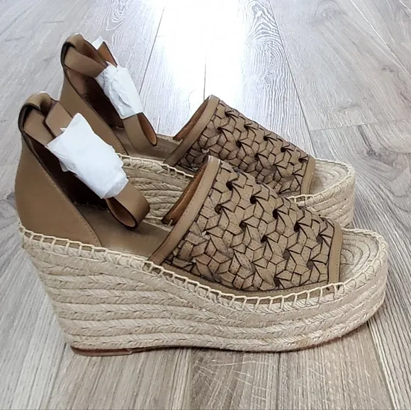 Tory Burch Leather Basketweave Espedrille Wedge Sandals, Almond, 7, NWT