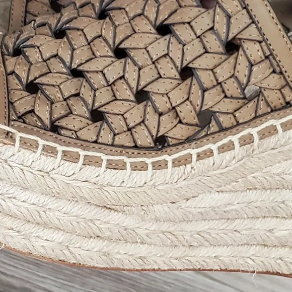 Tory Burch Leather Basketweave Espedrille Wedge Sandals, Almond, 7, NWT
