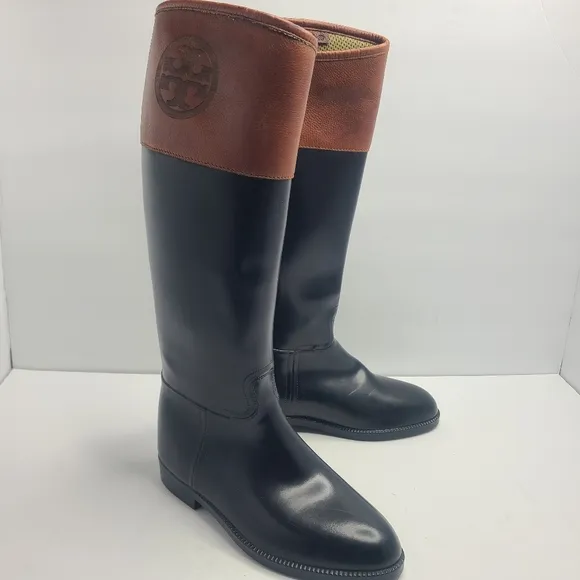 Tory Burch Leather Rubber Riding  Rain‎ Pull Up Boots Size 8B