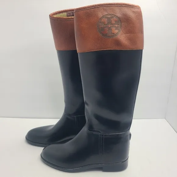 Tory Burch Leather Rubber Riding  Rain‎ Pull Up Boots Size 8B