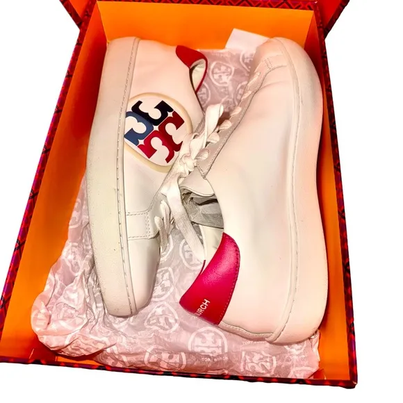 Tory Burch Leigh T-Logo White and Pink Fashion Sneakers