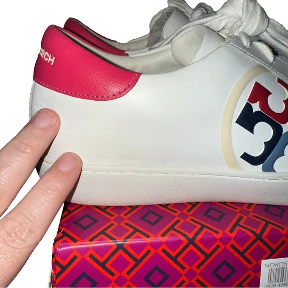 Tory Burch Leigh T-Logo White and Pink Fashion Sneakers