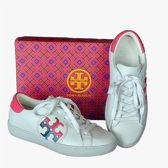 Tory Burch Leigh T-Logo White and Pink Fashion Sneakers