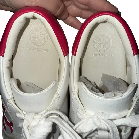 Tory Burch Leigh T-Logo White and Pink Fashion Sneakers