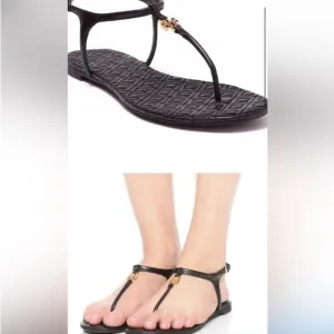 TORY BURCH Marion Quilted Black Leather T-Strap Gold Logo Sandals Size 8 summer