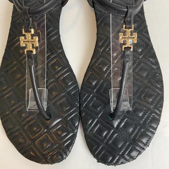 TORY BURCH Marion Quilted Black Leather T-Strap Gold Logo Sandals Size 8 summer
