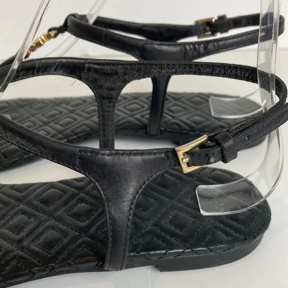 TORY BURCH Marion Quilted Black Leather T-Strap Gold Logo Sandals Size 8 summer
