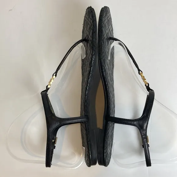 TORY BURCH Marion Quilted Black Leather T-Strap Gold Logo Sandals Size 8 summer