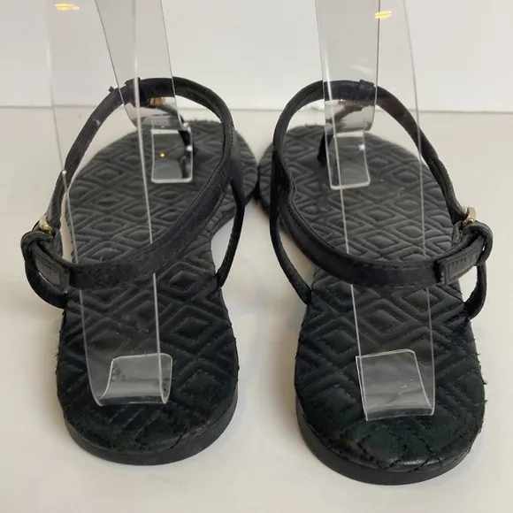 TORY BURCH Marion Quilted Black Leather T-Strap Gold Logo Sandals Size 8 summer