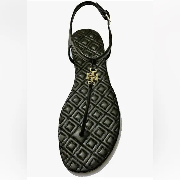 TORY BURCH Marion Quilted Black Leather T-Strap Gold Logo Sandals Size 8 summer