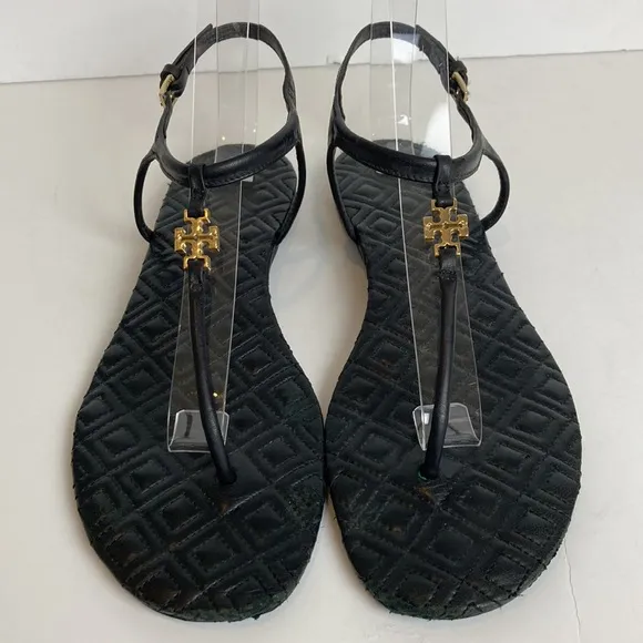 TORY BURCH Marion Quilted Black Leather T-Strap Gold Logo Sandals Size 8 summer