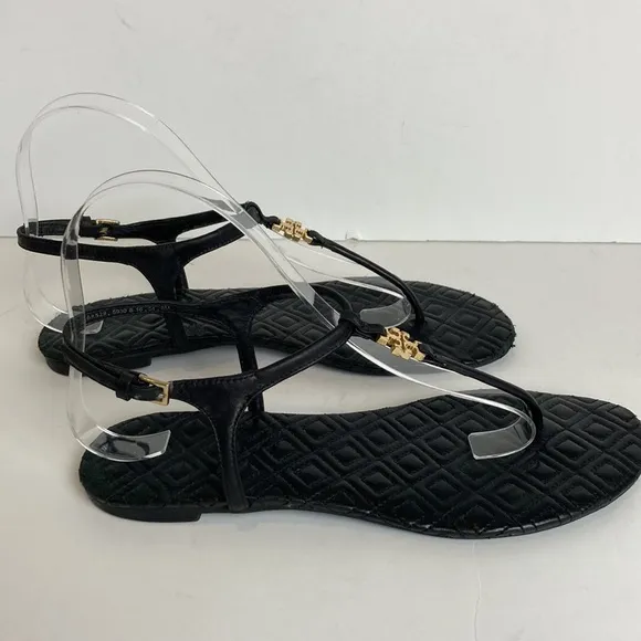 TORY BURCH Marion Quilted Black Leather T-Strap Gold Logo Sandals Size 8 summer