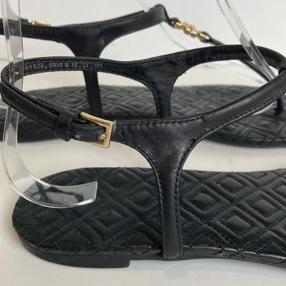 TORY BURCH Marion Quilted Black Leather T-Strap Gold Logo Sandals Size 8 summer