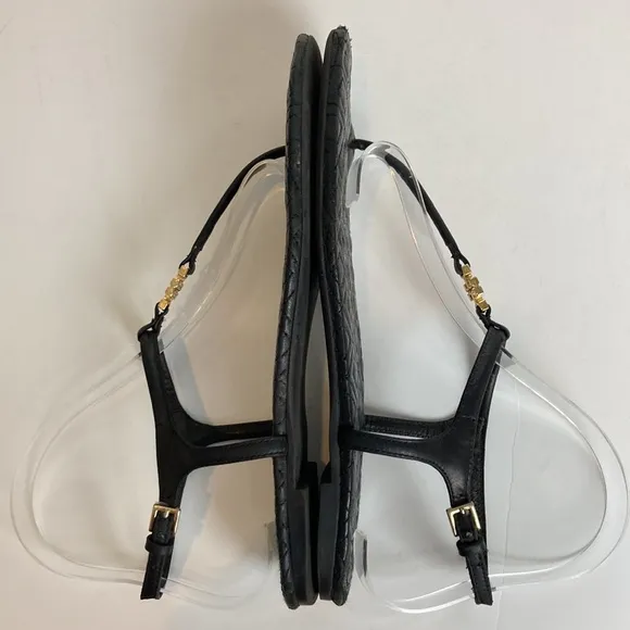 TORY BURCH Marion Quilted Black Leather T-Strap Gold Logo Sandals Size 8 summer