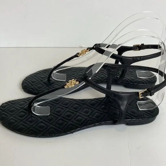 TORY BURCH Marion Quilted Black Leather T-Strap Gold Logo Sandals Size 8 summer