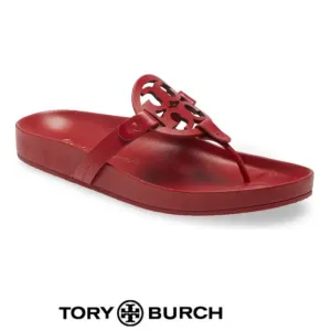 TORY BURCH Miller Cloud Red Rubber Front Leather Thong Open Flat Sandals Sz 7.5