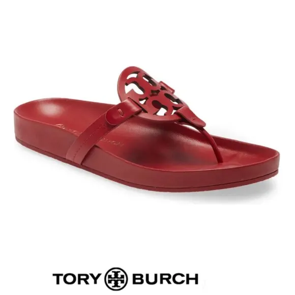 TORY BURCH Miller Cloud Red Rubber Front Leather Thong Open Flat Sandals Sz 7.5