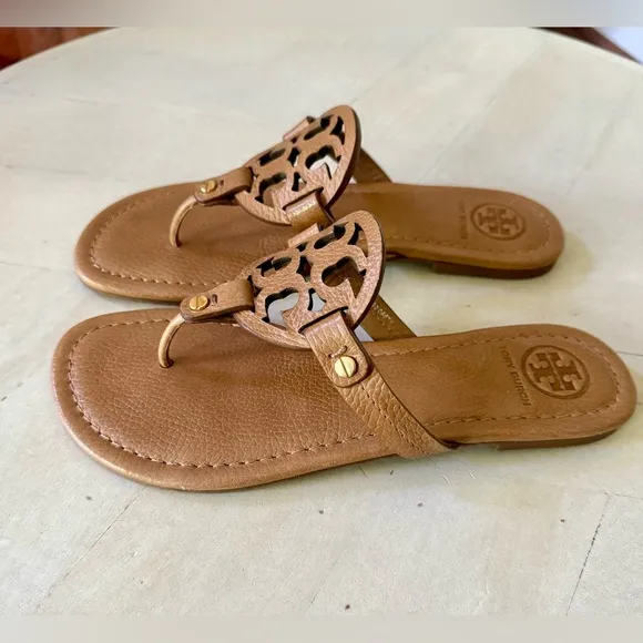 Tory Burch Miller Tumbled Leather Sandals Royal Tan Size 8.5 👡👡