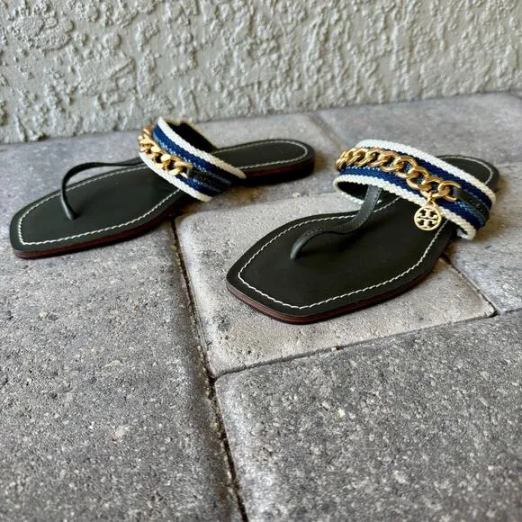 Tory Burch Mini Benton Gold Chain Band Flat Sandals Poblano Yonder Leather 6M
