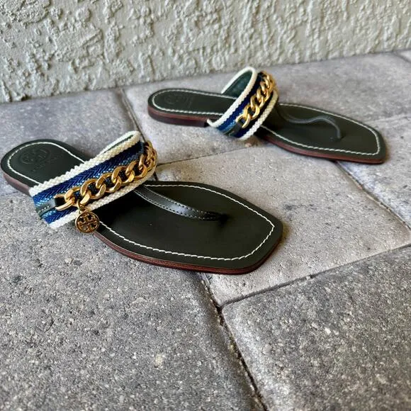 Tory Burch Mini Benton Gold Chain Band Flat Sandals Poblano Yonder Leather 6M